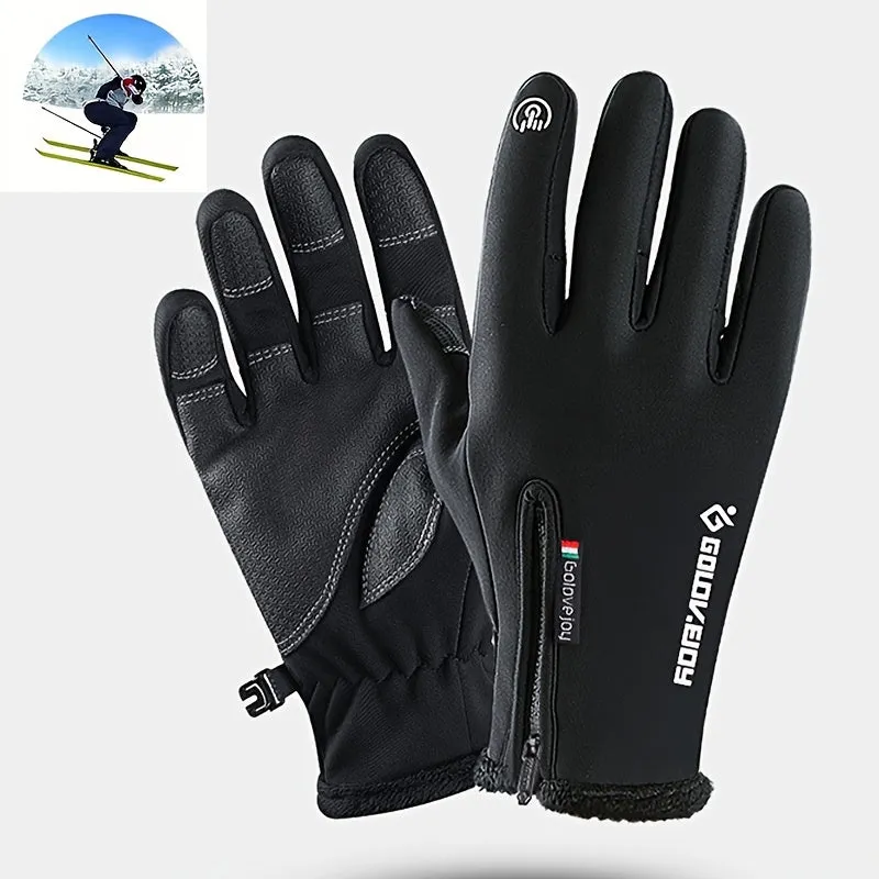 1 Pair of Premium Thermal Insulated Waterproof Windproof Gloves - Touch Screen Fingers, Fleece Zipper Cover, Warmth Retention, Anti-Slip Palm, Adjustable Cuff, Ideal for Motorcycle, Skiing, Winter Outdoor Activities, and Cold Weather Conditions