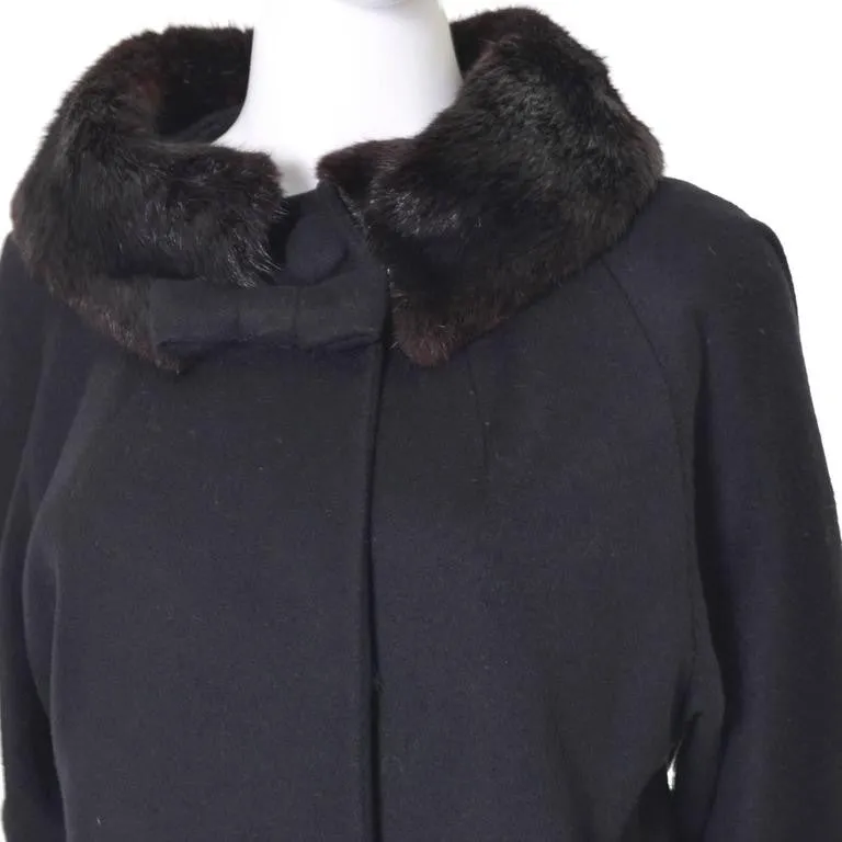 1960s Lilli Ann Black Wool Vintage Coat with Bow and Fur Cuffs Collar 6