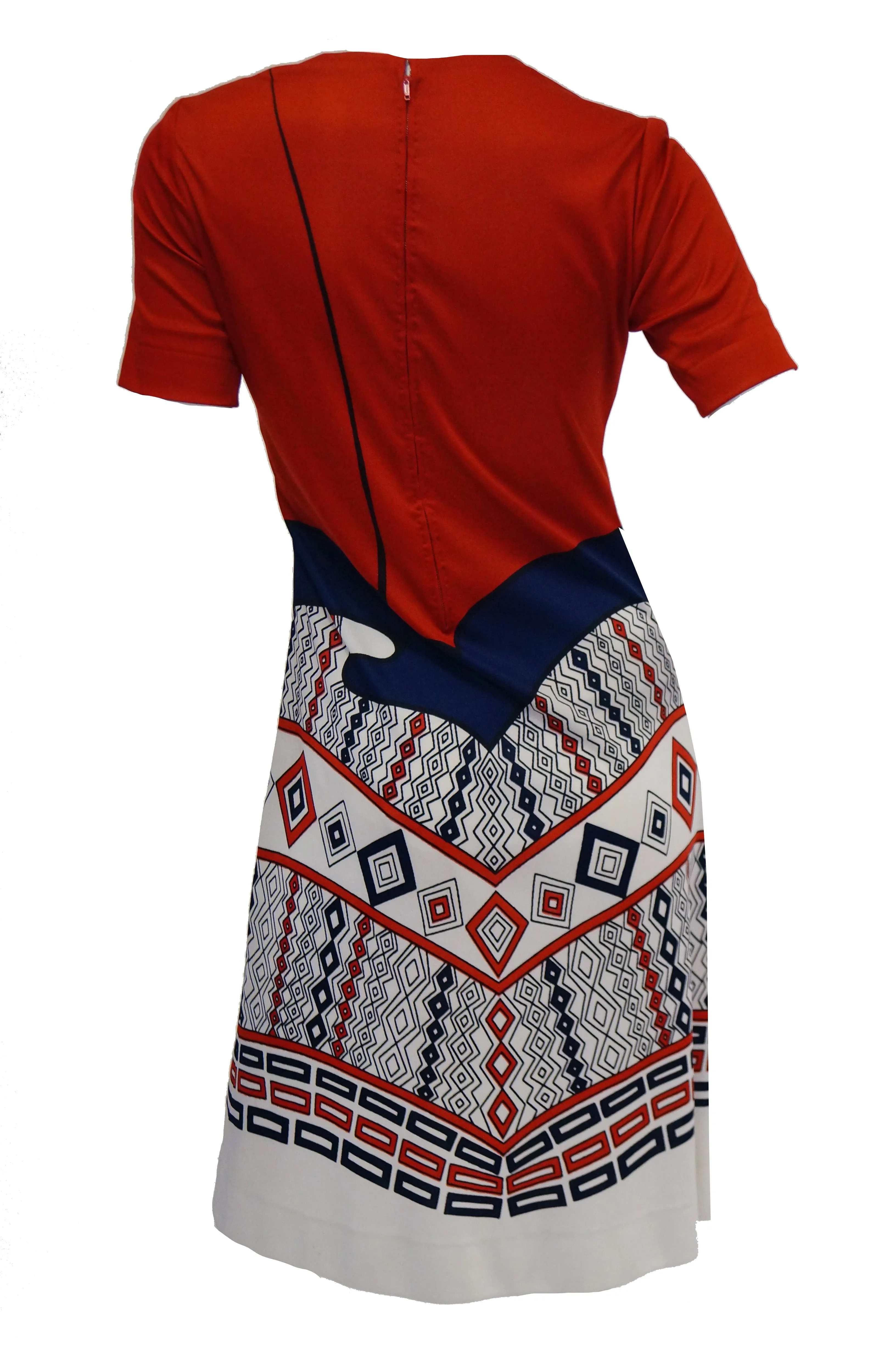 1970s Roberta di Camerino Red Blue and White Trompe L'oeil Dress