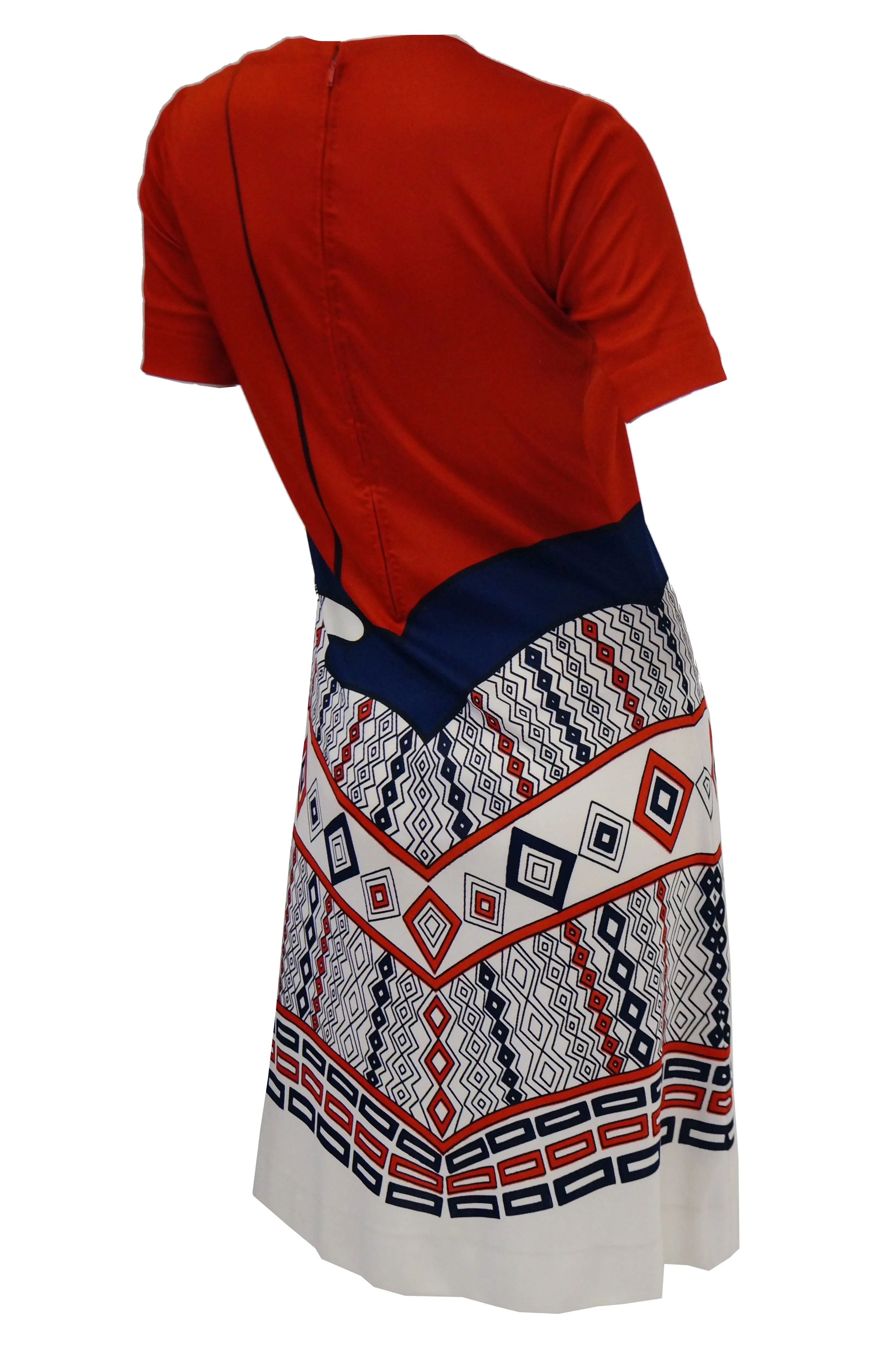 1970s Roberta di Camerino Red Blue and White Trompe L'oeil Dress