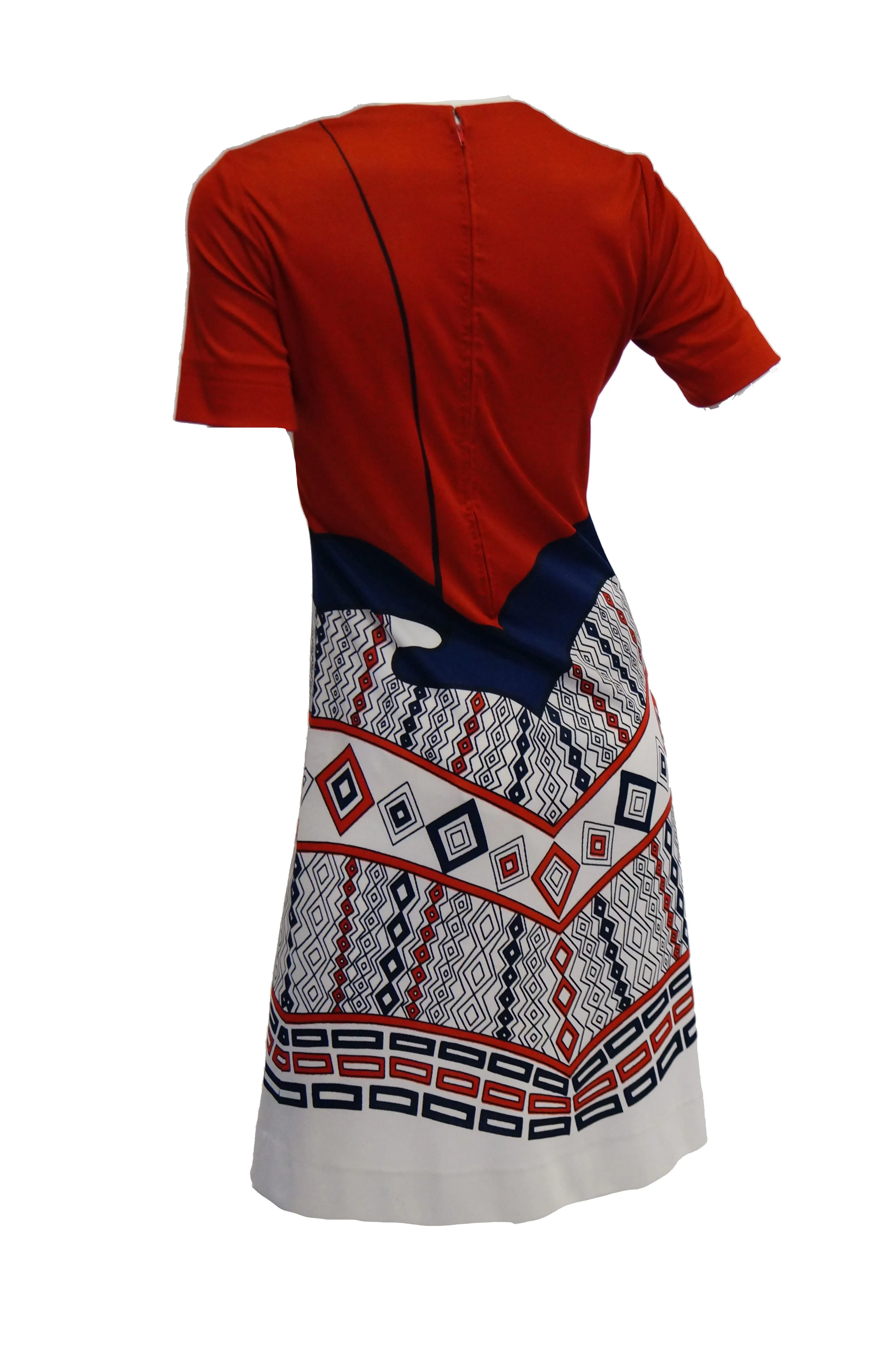 1970s Roberta di Camerino Red Blue and White Trompe L'oeil Dress