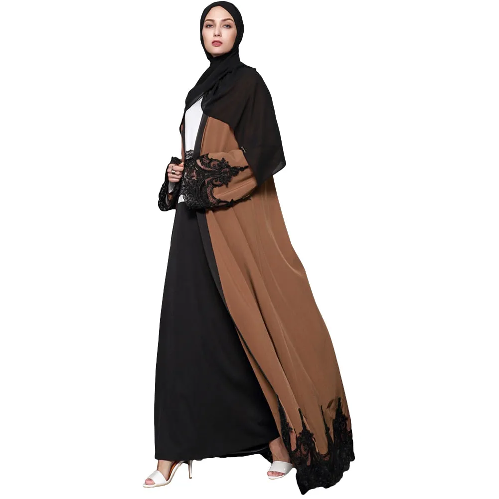 2019 New Fashion Women Muslim Cardigan Spliced Crochet Lace Long Wide Sleeve Islamic Abaya Maxi Dress Outwear Brown