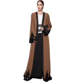 2019 New Fashion Women Muslim Cardigan Spliced Crochet Lace Long Wide Sleeve Islamic Abaya Maxi Dress Outwear Brown