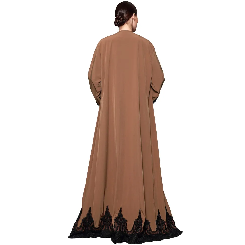 2019 New Fashion Women Muslim Cardigan Spliced Crochet Lace Long Wide Sleeve Islamic Abaya Maxi Dress Outwear Brown