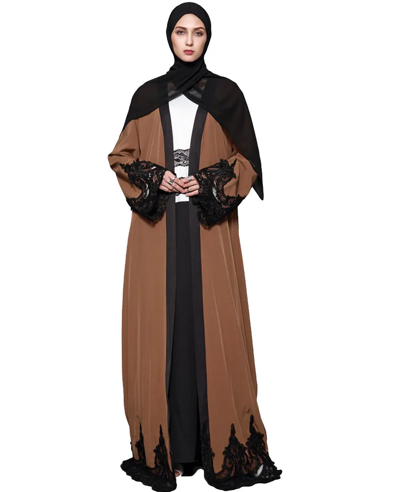 2019 New Fashion Women Muslim Cardigan Spliced Crochet Lace Long Wide Sleeve Islamic Abaya Maxi Dress Outwear Brown