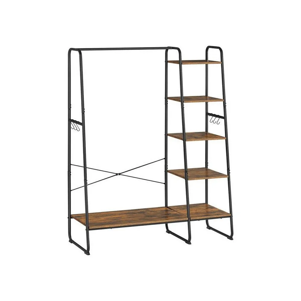 63 Inch Garment Hanging Rack, 5 Tier Storage, 6 Side Hooks, Black, Brown By Casagear Home