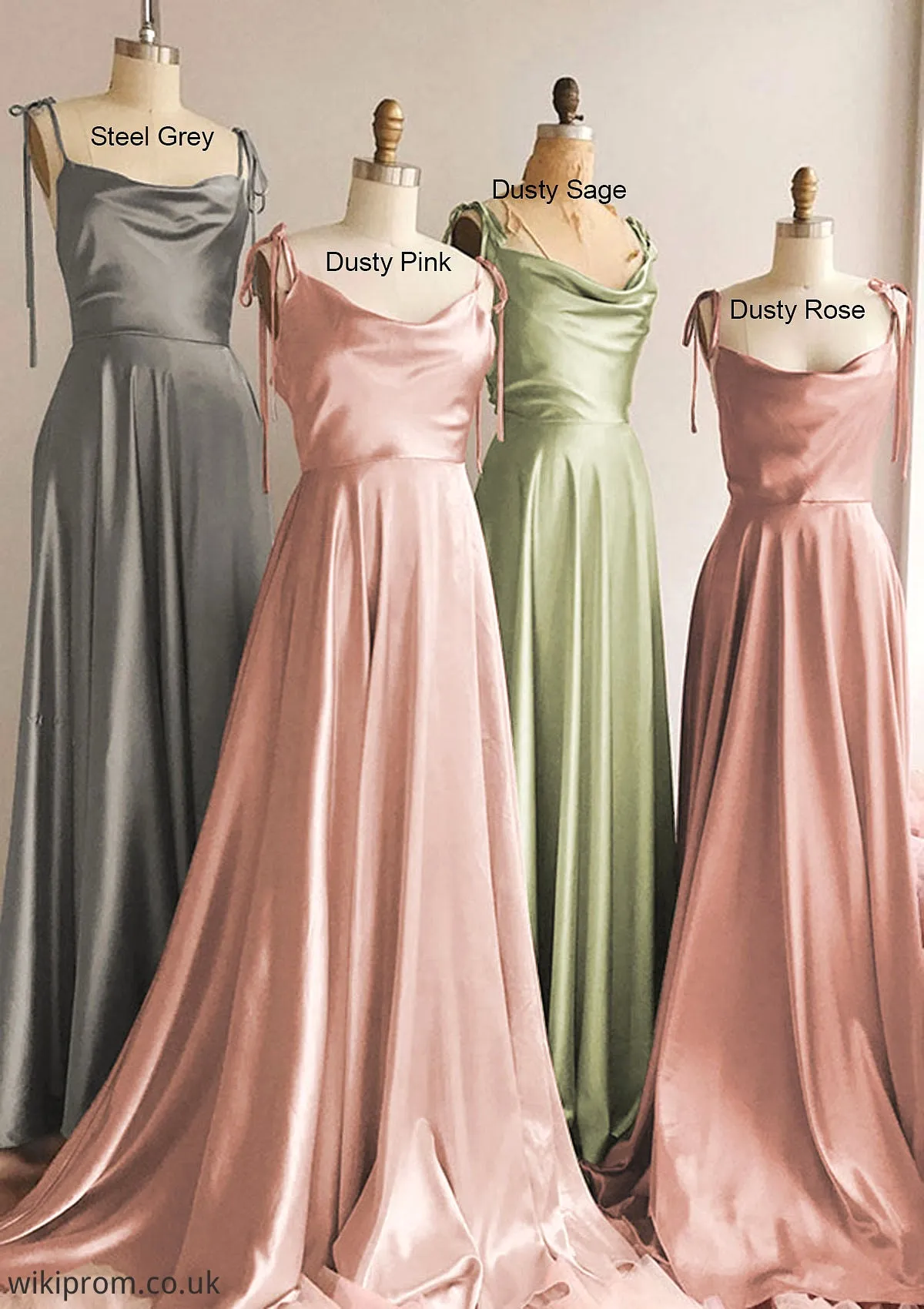 A-line Cowl Neck Spaghetti Straps Long/Floor-Length Charmeuse Bridesmaid Dresses With Split Shayna SWKP0025330