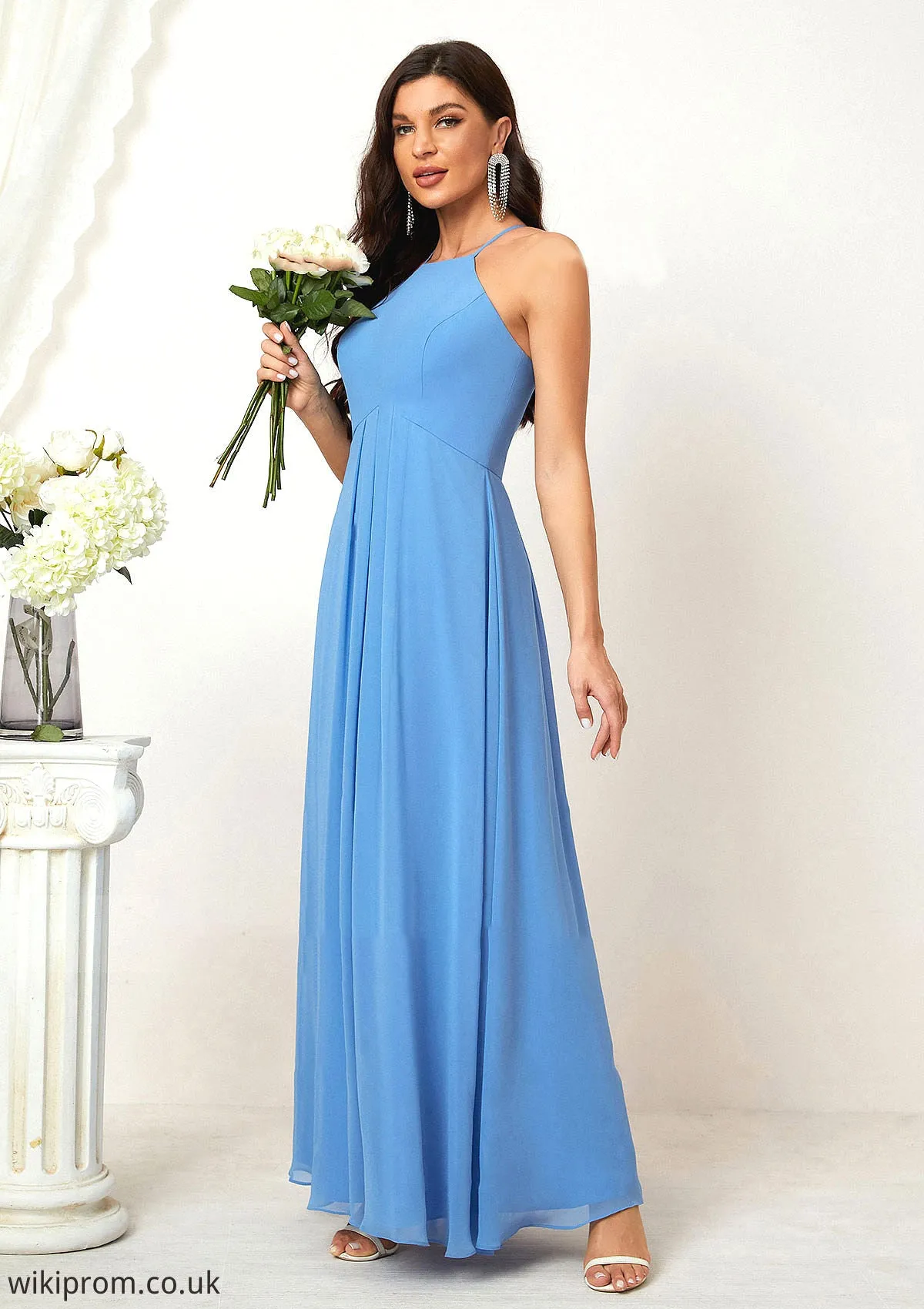 A-line Empire Halter Sleeveless Chiffon Long/Floor-Length Bridesmaid Dresses With Ruffles Kiersten SWKP0025611