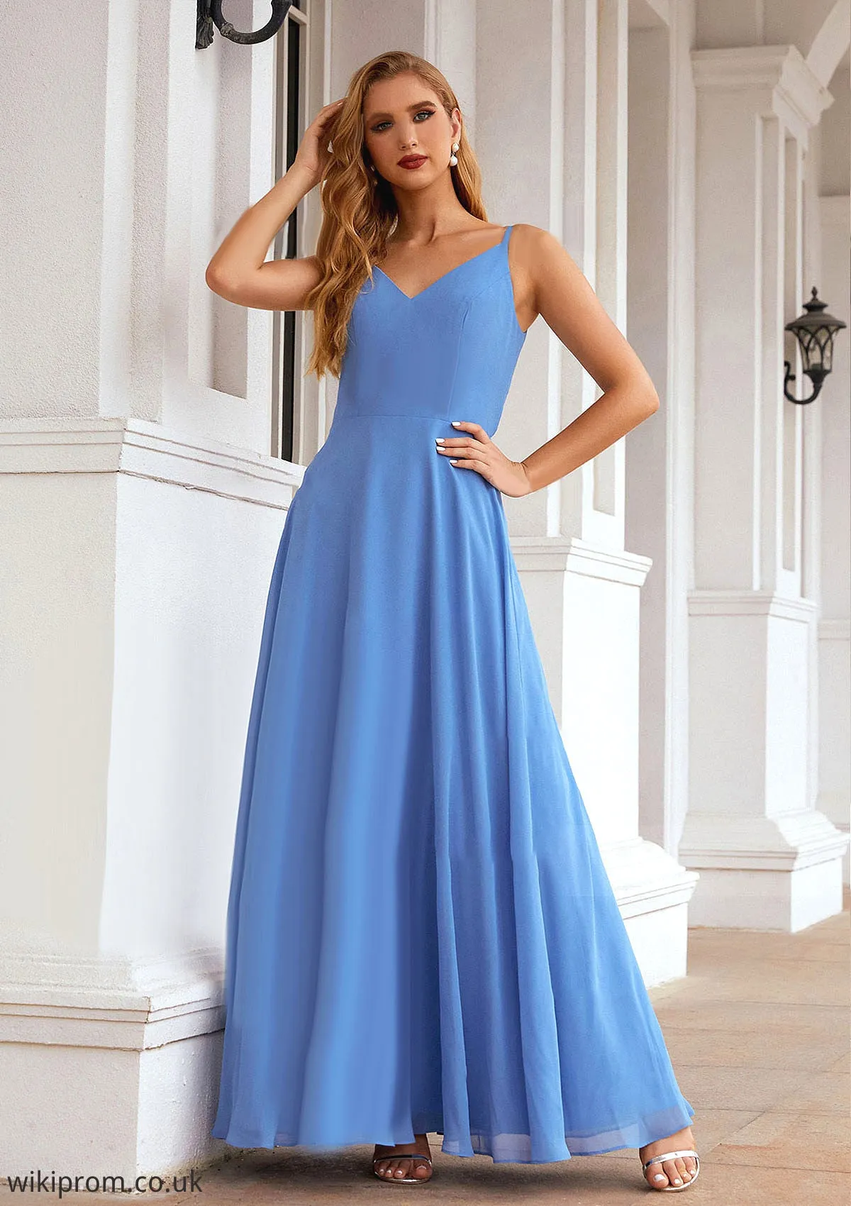 A-line Empire V Neck Long/Floor-Length Chiffon Bridesmaid Dresses With Pleated Delaney SWKP0025624