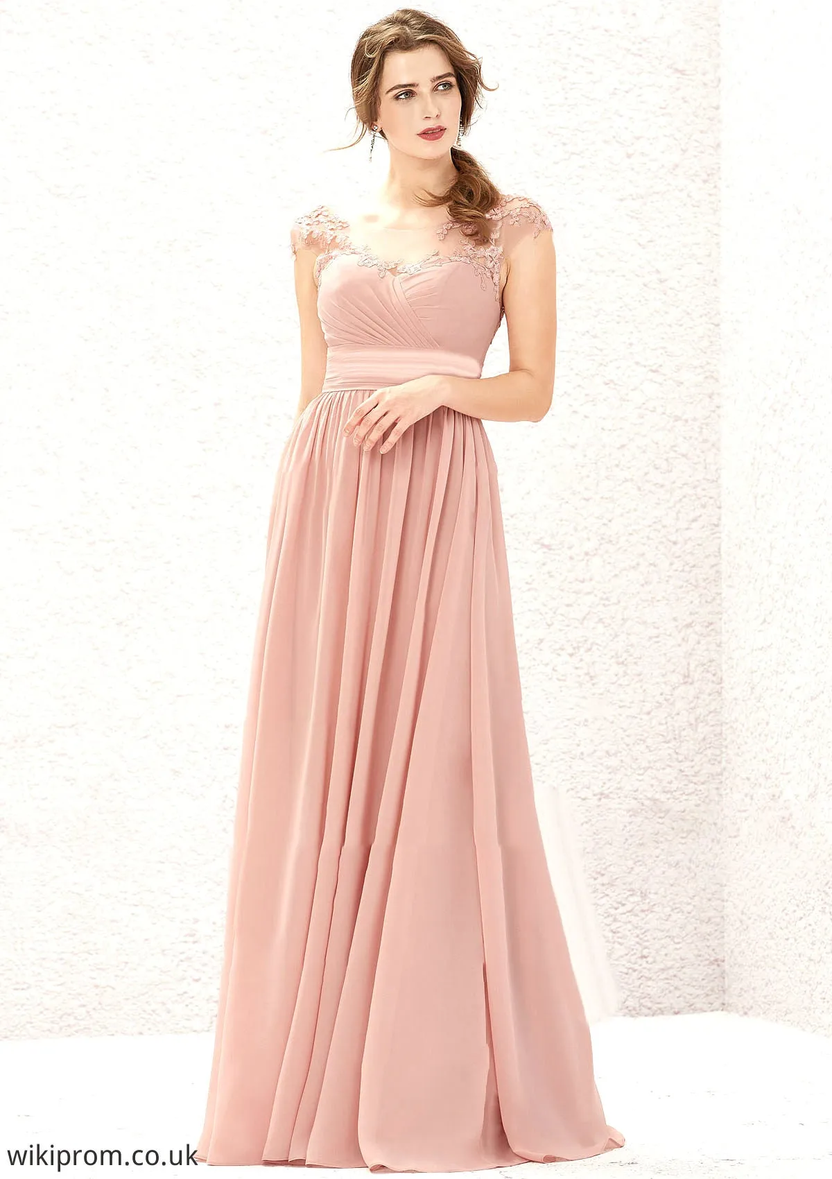 A-line Illusion Neck Sleeveless Chiffon Long/Floor-Length Bridesmaid Dresses With Appliqued Pleated Paulina SWKP0025636