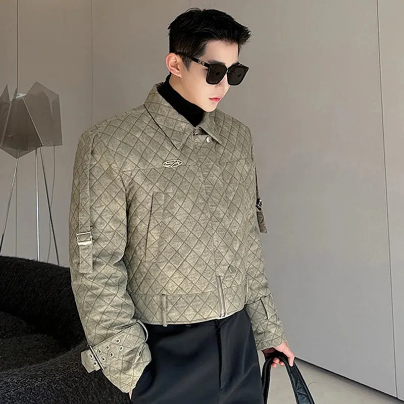 Argyle Male Padded Jacket Lapel Buckle Design Zipper Gradient Color Men's Short Cotton Coats American Style 9C3926