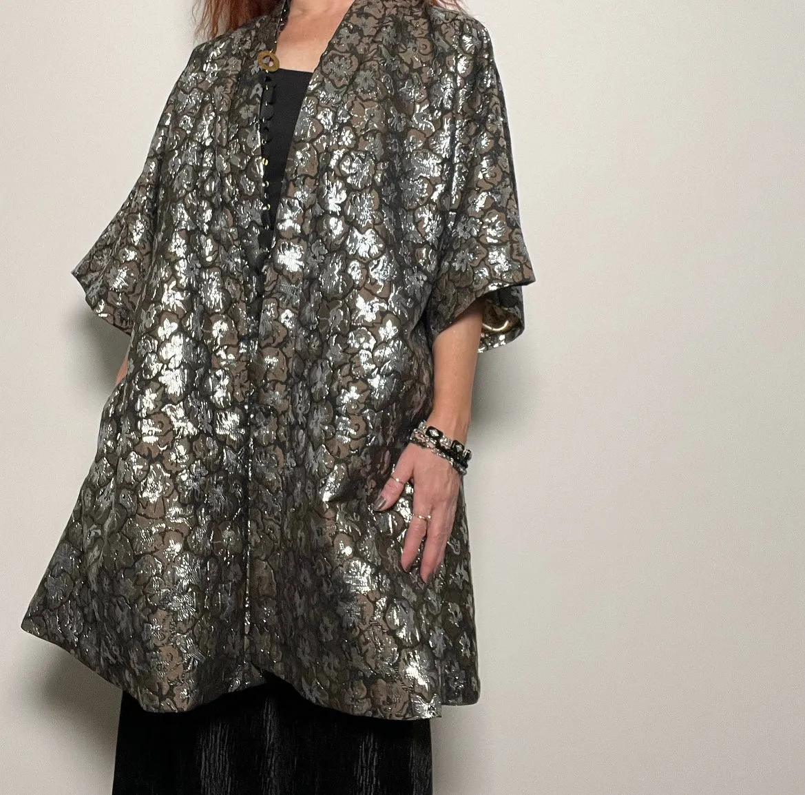 Audrey Swing Coat - One Of A Kind - Coffee & silver floral brocade