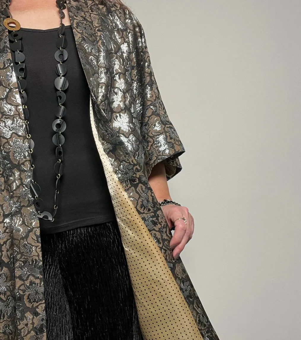 Audrey Swing Coat - One Of A Kind - Coffee & silver floral brocade