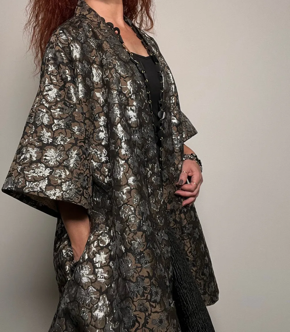 Audrey Swing Coat - One Of A Kind - Coffee & silver floral brocade