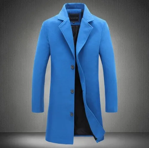 Autumn and Winter New Men's Solid Color Casual Business Woolen Long Coat