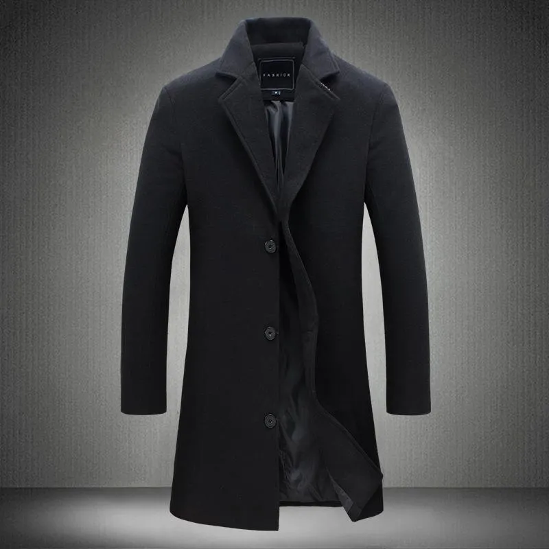 Autumn and Winter New Men's Solid Color Casual Business Woolen Long Coat