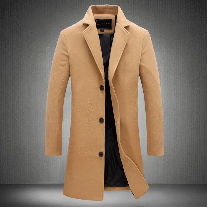 Autumn and Winter New Men's Solid Color Casual Business Woolen Long Coat