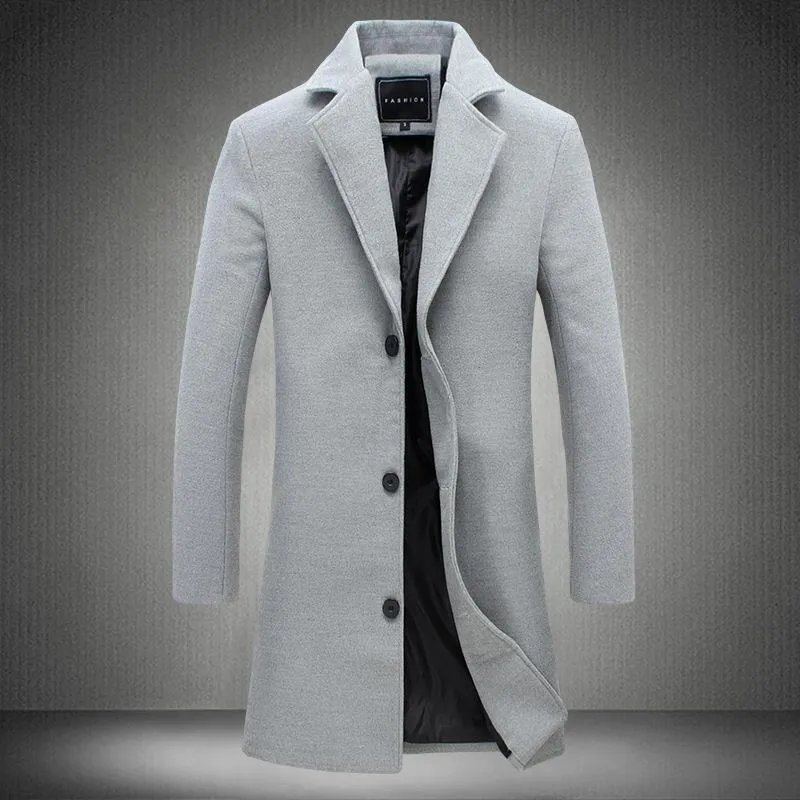 Autumn and Winter New Men's Solid Color Casual Business Woolen Long Coat