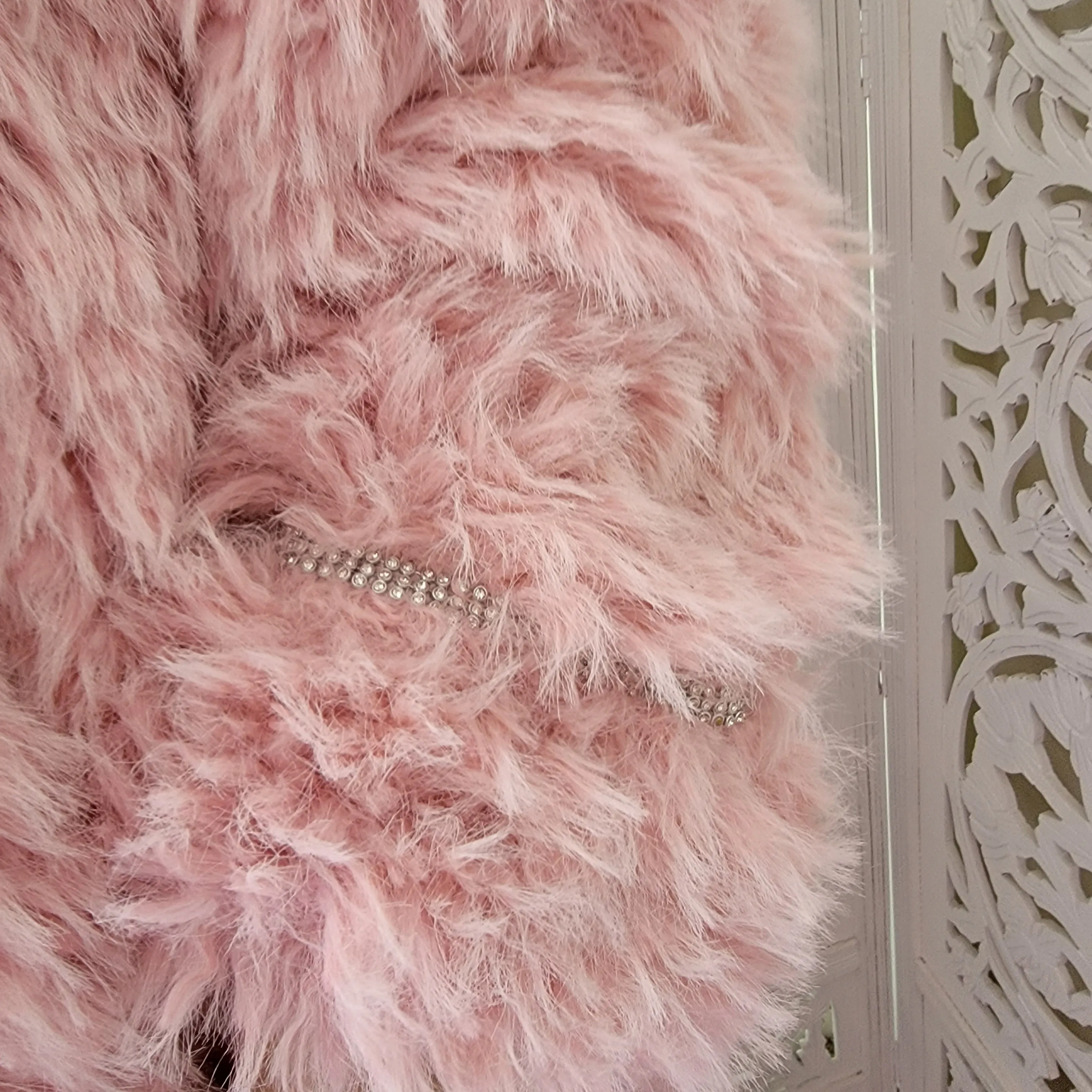 Baby Pink Faux Fur Rhinestone Crystal Embellished Coat