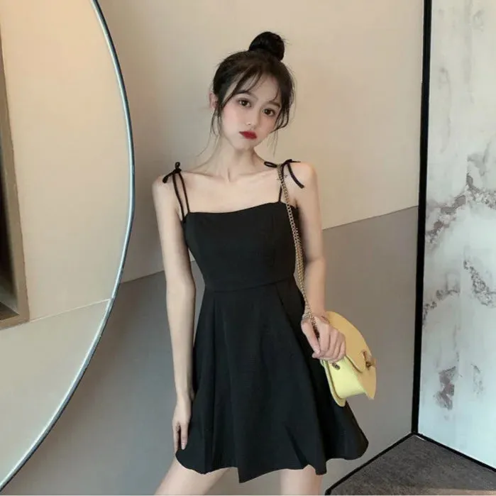 Black Spaghetti Strap Slip Dress Summer Sundresses Korean Fashion Style Off Shoulder Dress Backless Mini Party Dress