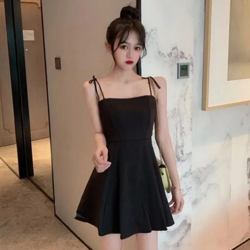 Black Spaghetti Strap Slip Dress Summer Sundresses Korean Fashion Style Off Shoulder Dress Backless Mini Party Dress