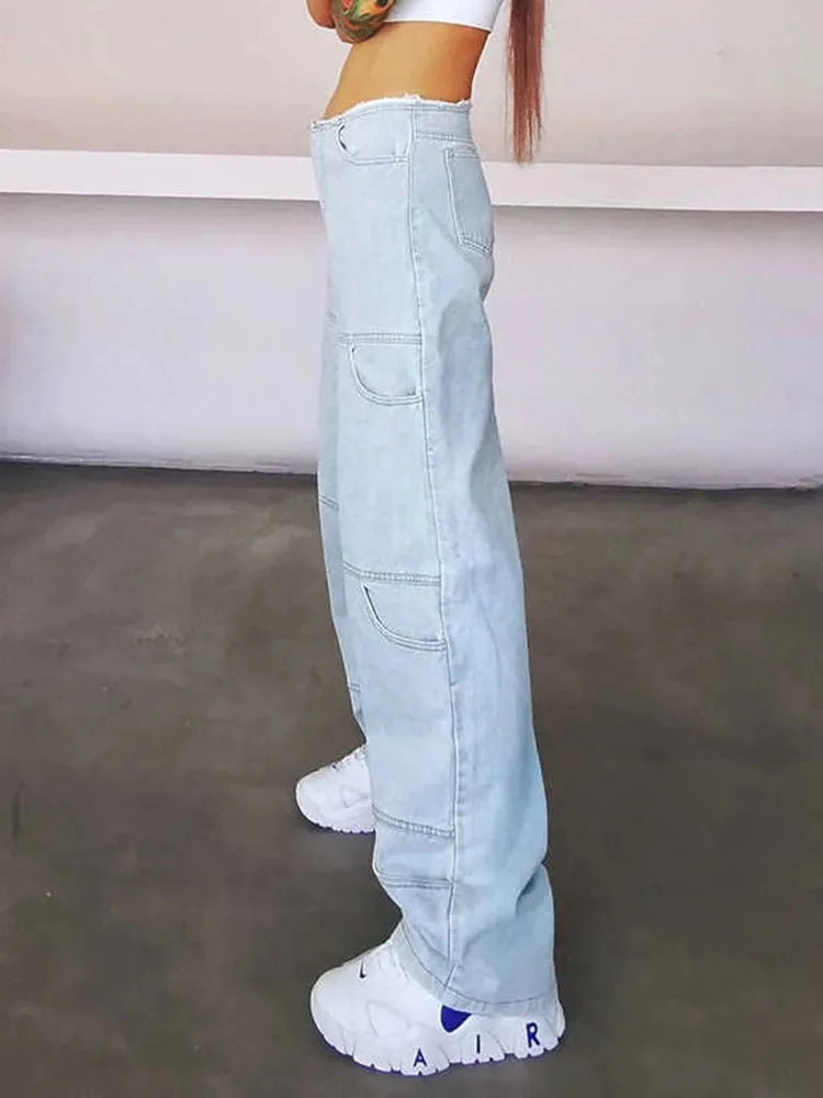 Blue Korean Denim Wide Leg Pants For Women High Waist Solid Minimalist Trousers Female Fashion Clothing Style