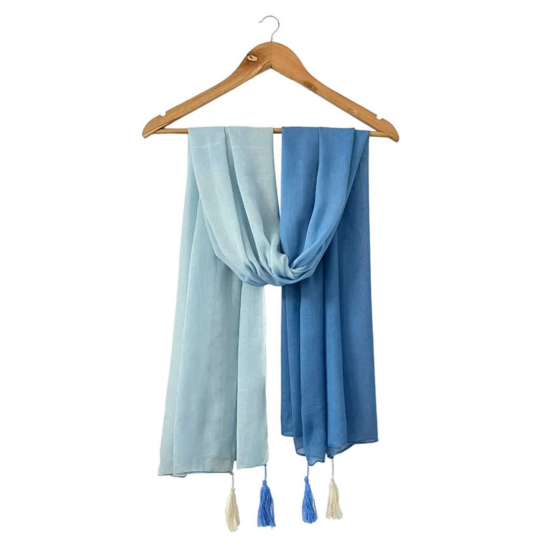 Blue Ombre Double Shaded Viscose Scarf with Corner Tassels