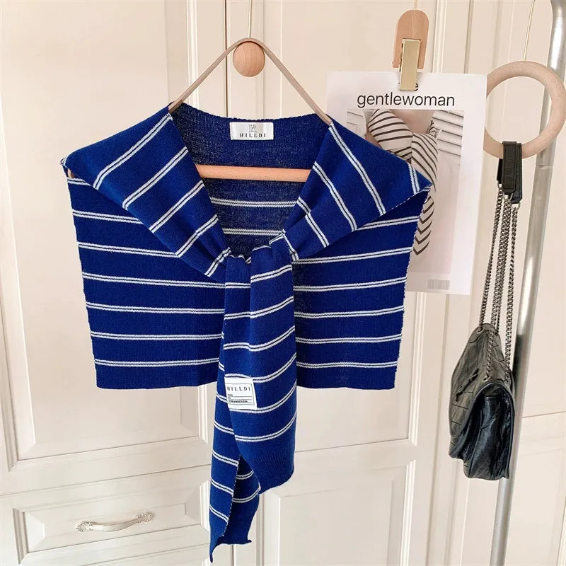 Blue Striped Knit Shawl with Versatile Trim