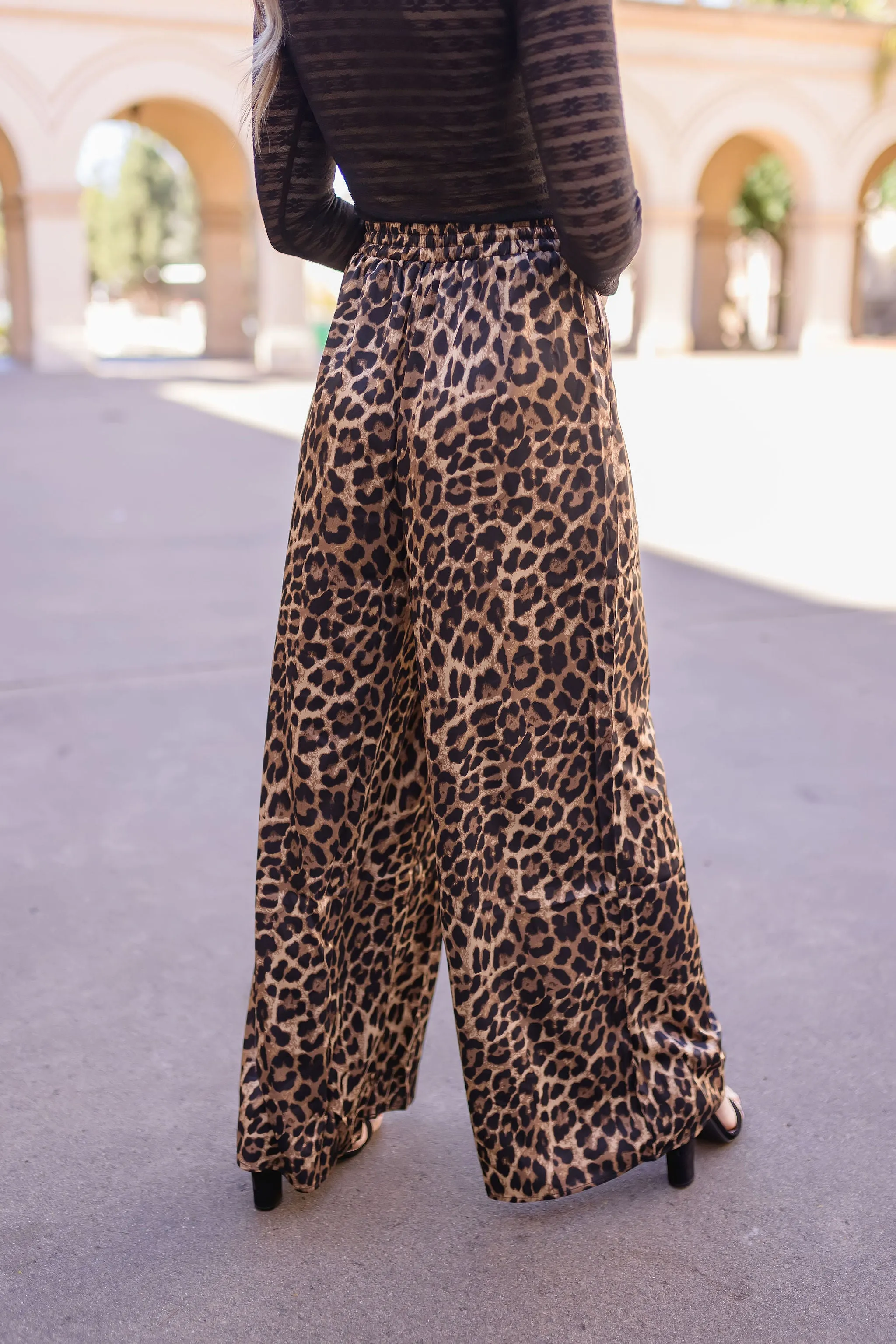 Bradley Leopard Print Wide Leg Drawstring Satin Pants Brown