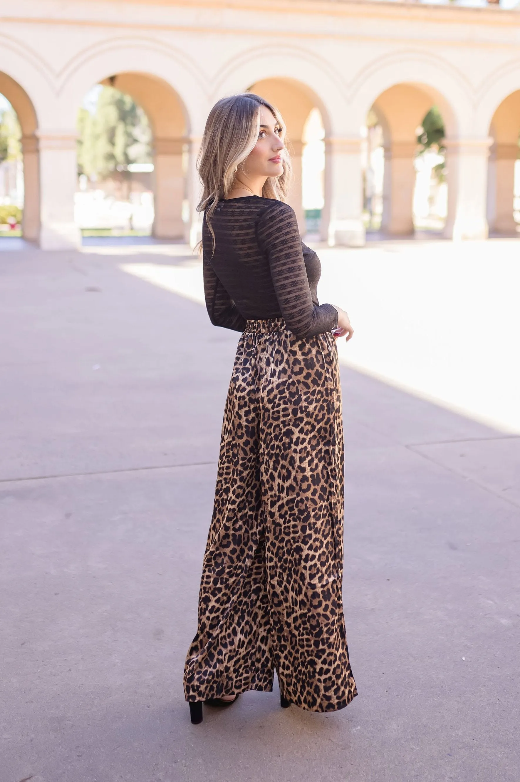 Bradley Leopard Print Wide Leg Drawstring Satin Pants Brown