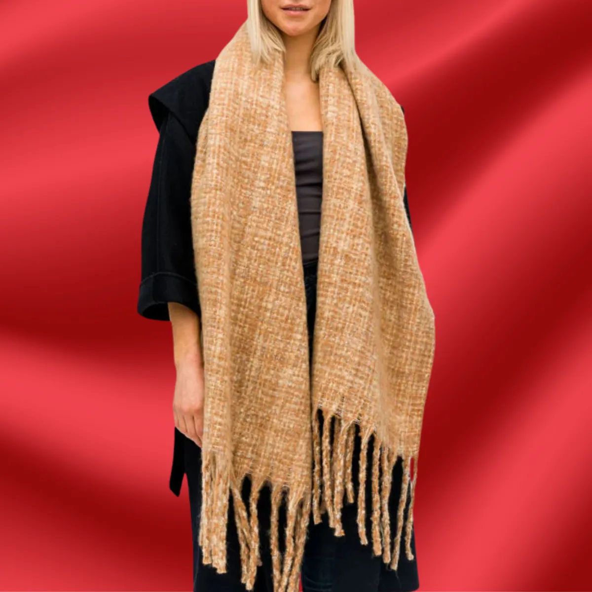 Camel Boucle Tweed Blanket Scarf