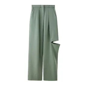 Casual Cut Out Solid Minimalist Wide Leg Pants For Women High Waist Casual Trousers Female Autumn Clothing