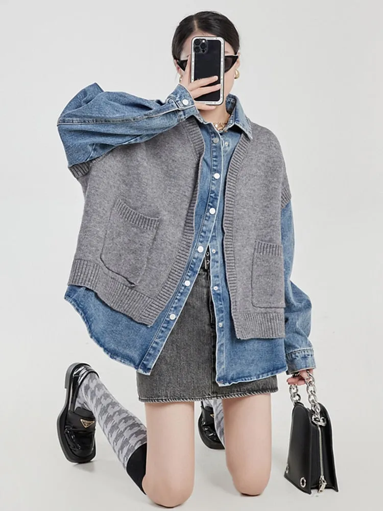 Casual Patchwork Denim Jacket For Women Lapel Long Sleeve Colorblock Streetwear Jackets Female Autumn Clothing