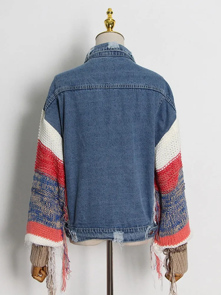 Casual Patchwork Knitted Tassel Denim Jacket For Women Lapel Long Sleeve Color Block Jackets Female Fashion