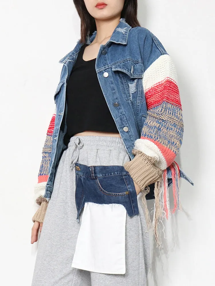 Casual Patchwork Knitted Tassel Denim Jacket For Women Lapel Long Sleeve Color Block Jackets Female Fashion