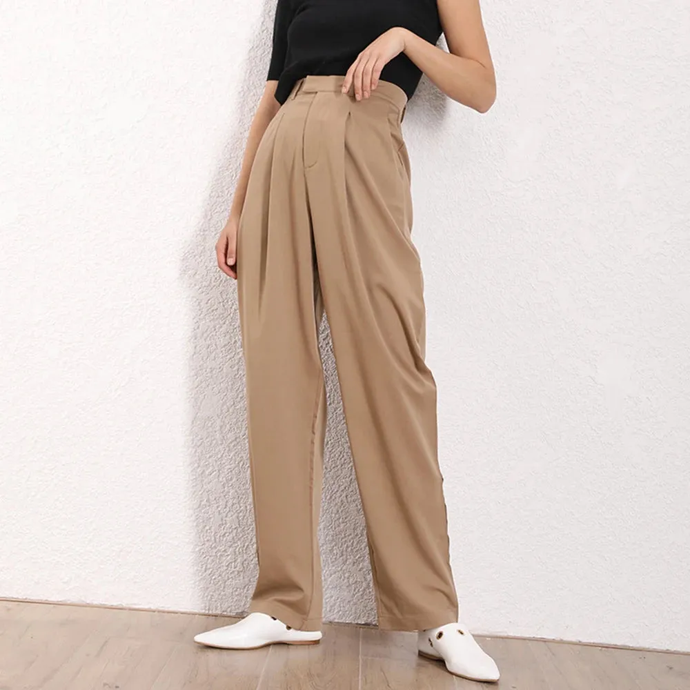 Casual Solid Straight Trousers For Women High Waist Patchwork Pockets Loose Minimalist Wide Leg Pants Female Clothing