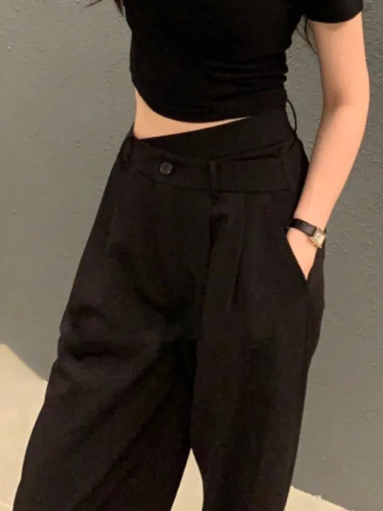 Casual Wide Leg Pants For Women High Waist Patchwork Asymmetrical Solid Minimalist Trousers Female Autumn Clothing