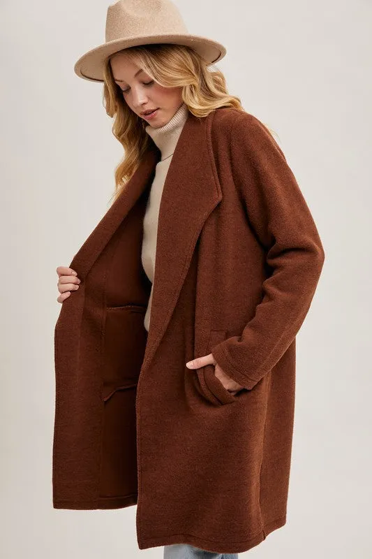 Chestnut Open Front Knit Coat Jacket