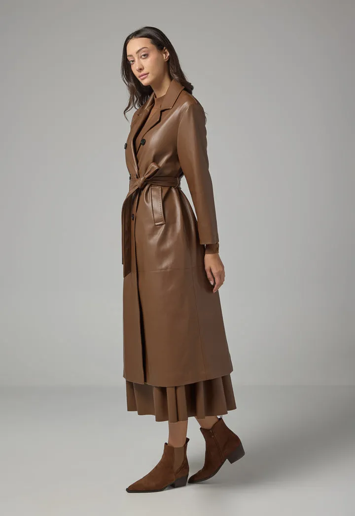 Choice Pu Leather Belted Maxi Trench Coat Brown