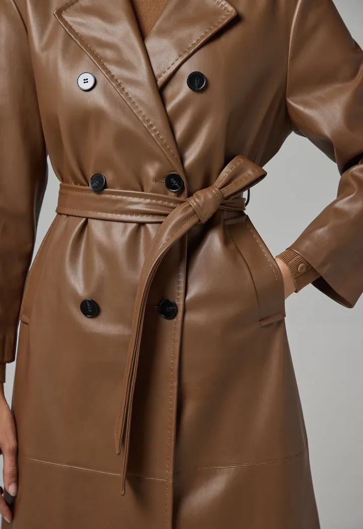 Choice Pu Leather Belted Maxi Trench Coat Brown