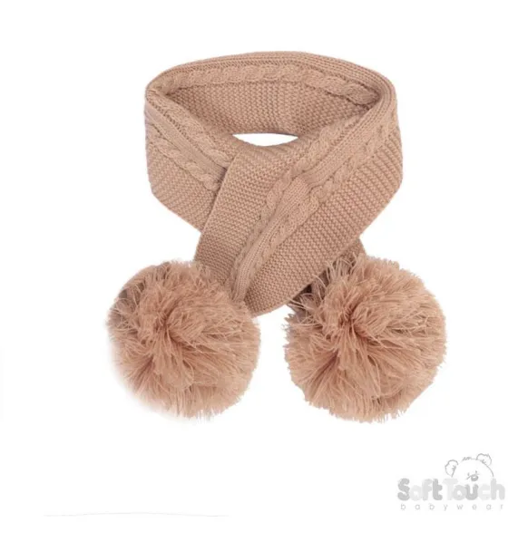 Coffee 'Elegance' Cable Knit Scarf w/Pom  Poms : SC12-COF