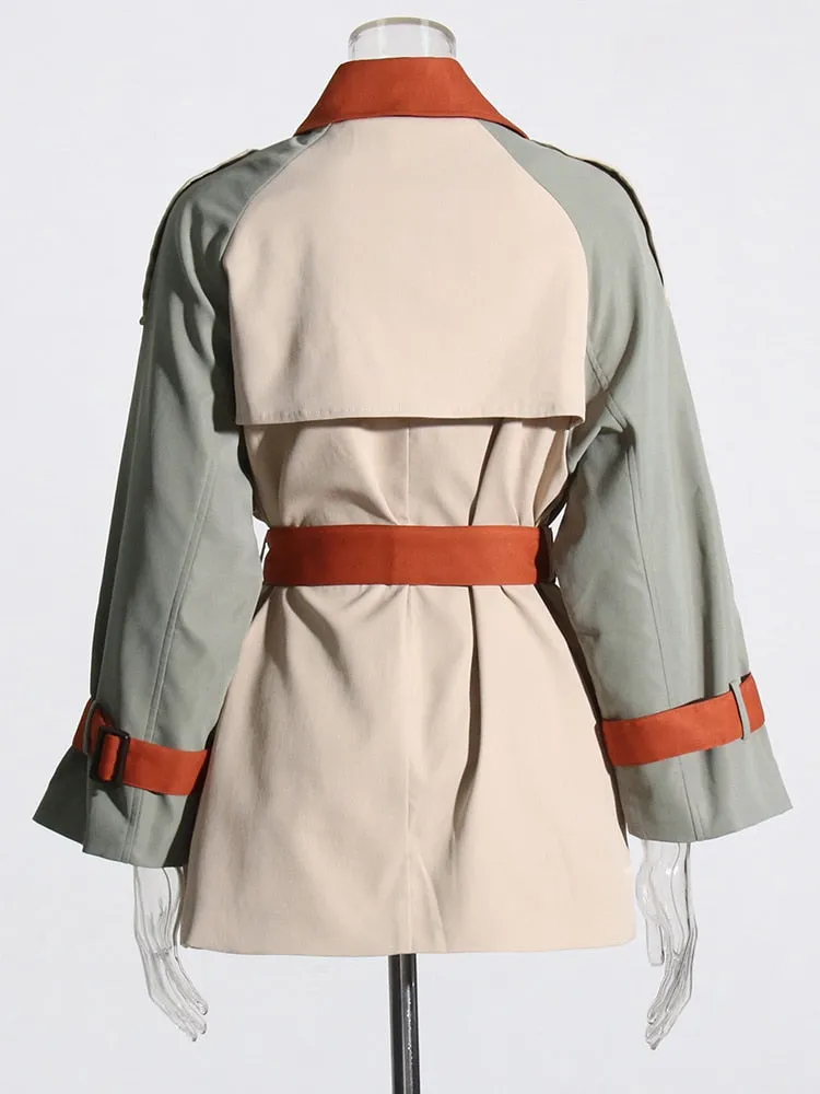 Colorblock Casual Spliced Button Trenches For Women Lapel Long Sleeve Patchwork Belt Temperament Trench Female