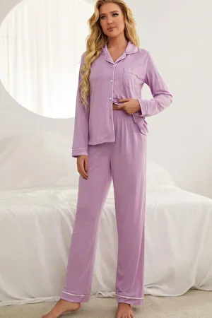 Contrast Piping Button Down Top and Pants Loungewear Set