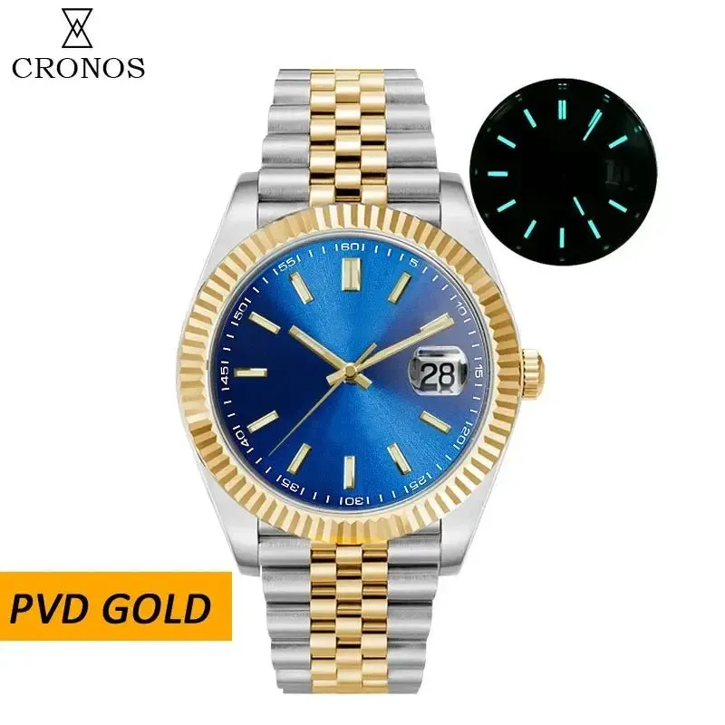 Cronos Date Luxury Men Watch Stainless Steel 5 Links Bracelet Copper-Nickel Plated Bezel 100m Water Resistant Sapphire L6010M