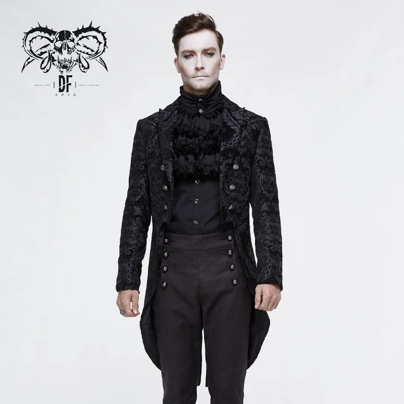 CT105 Gothic jacquard high-low men warm black dress coat with slit