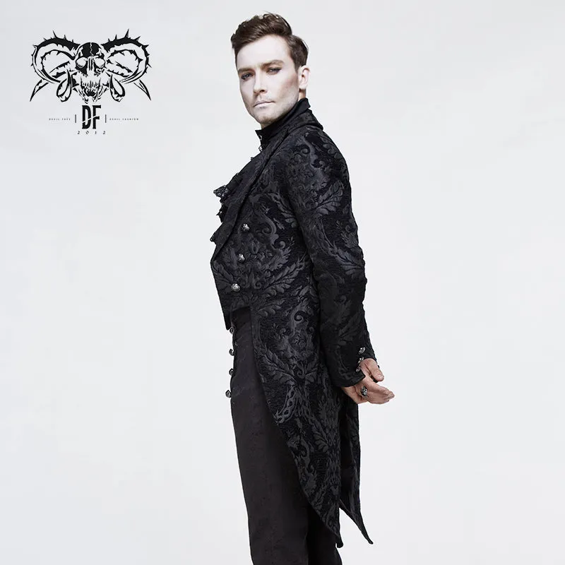 CT105 Gothic jacquard high-low men warm black dress coat with slit