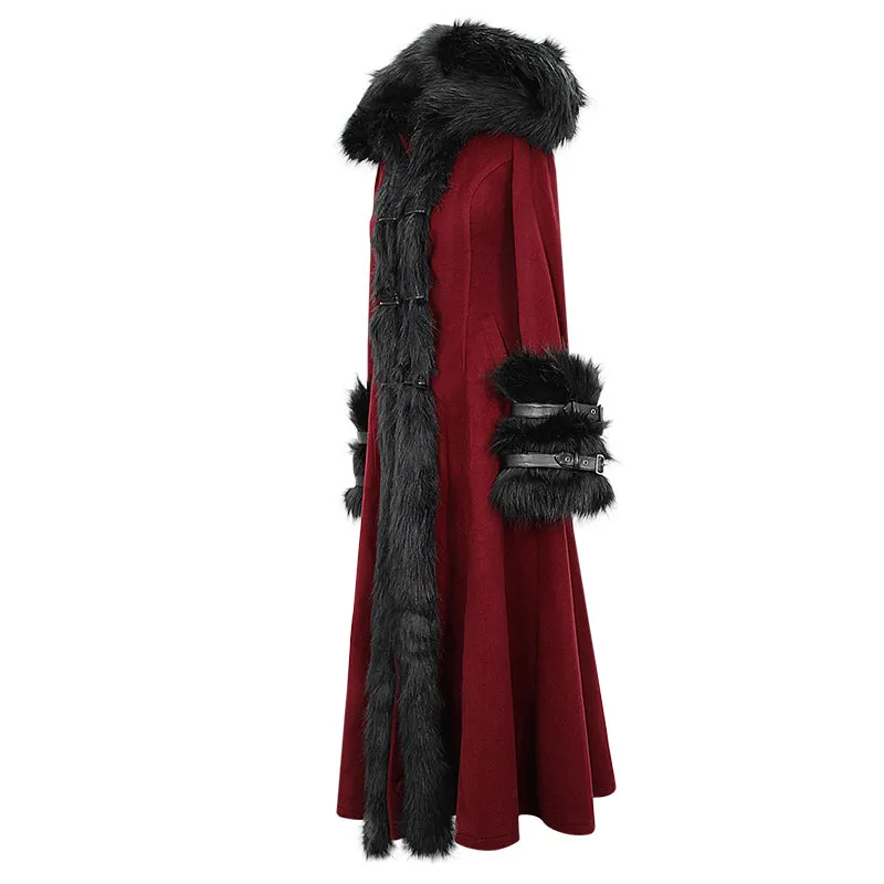 CT12602 daily life winter sexy women red gothic party woolen hooded long coat with fur