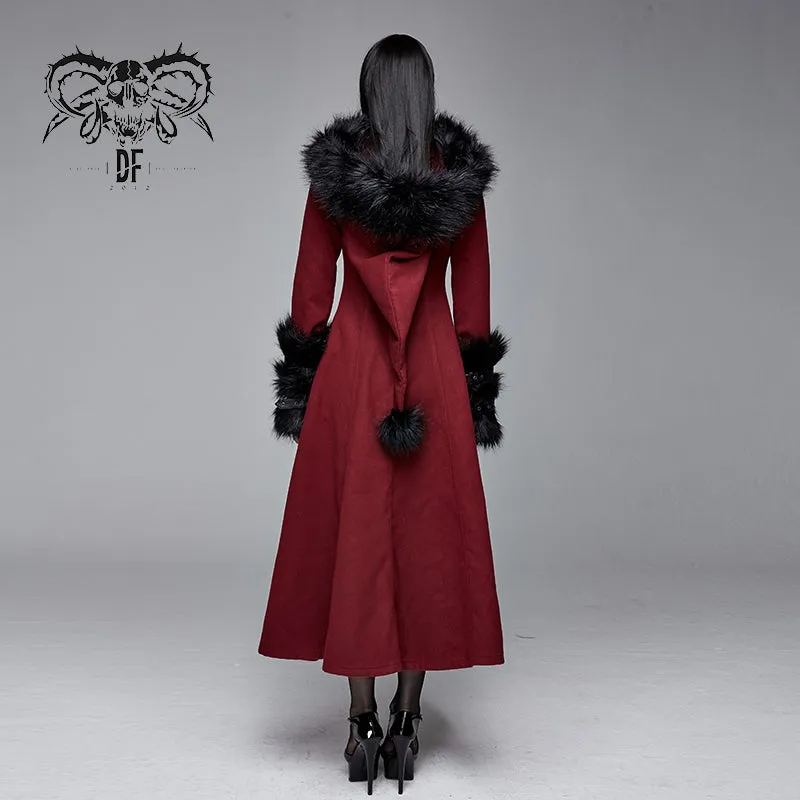 CT12602 daily life winter sexy women red gothic party woolen hooded long coat with fur