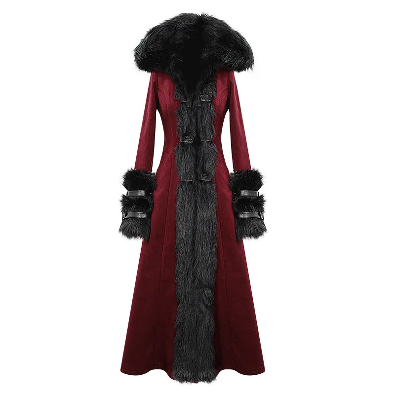 CT12602 daily life winter sexy women red gothic party woolen hooded long coat with fur