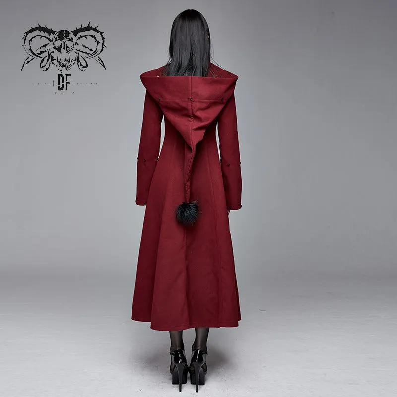 CT12602 daily life winter sexy women red gothic party woolen hooded long coat with fur